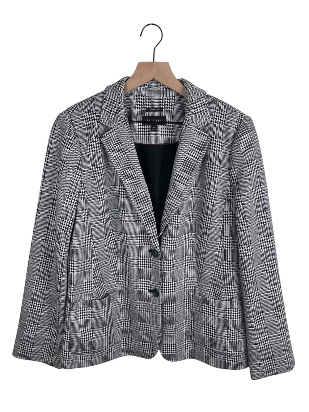 Talbots Aberdeen Blazer Size 14 Black White Houndstooth Glen Plaid Ponte Preppy
